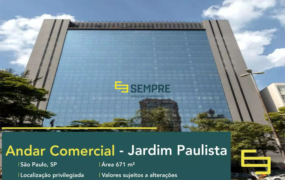 Lajes corporativas no Jardim Paulista para locação em São Paulo, excelente localização. O estabelecimento comercial conta com área de 671 m².