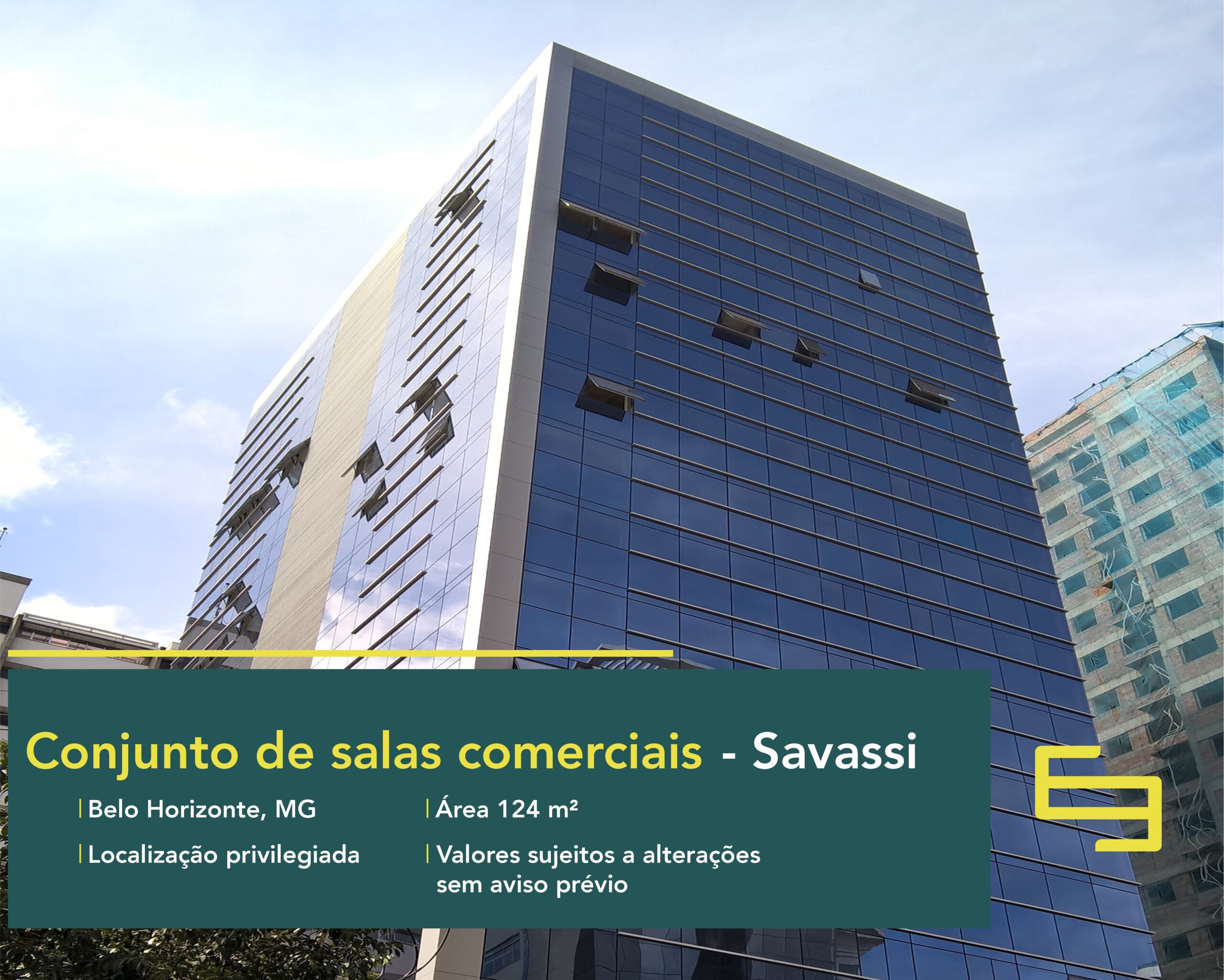 Conjunto de salas comerciais para alugar na Savassi em Belo Horizonte. Os andares comerciais contam, sobretudo, com área de 124,88 m².