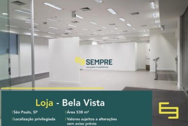 Loja para alugar no Bela Vista em São Paulo, excelente localização. O estabelecimento comercial conta, sobretudo, com área de 538 m².