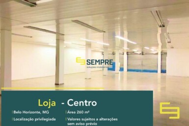 Loja para locação na cidade de Belo Horizonte com excelente localização. O estabelecimento comercial para alugar conta com área de 260 m².