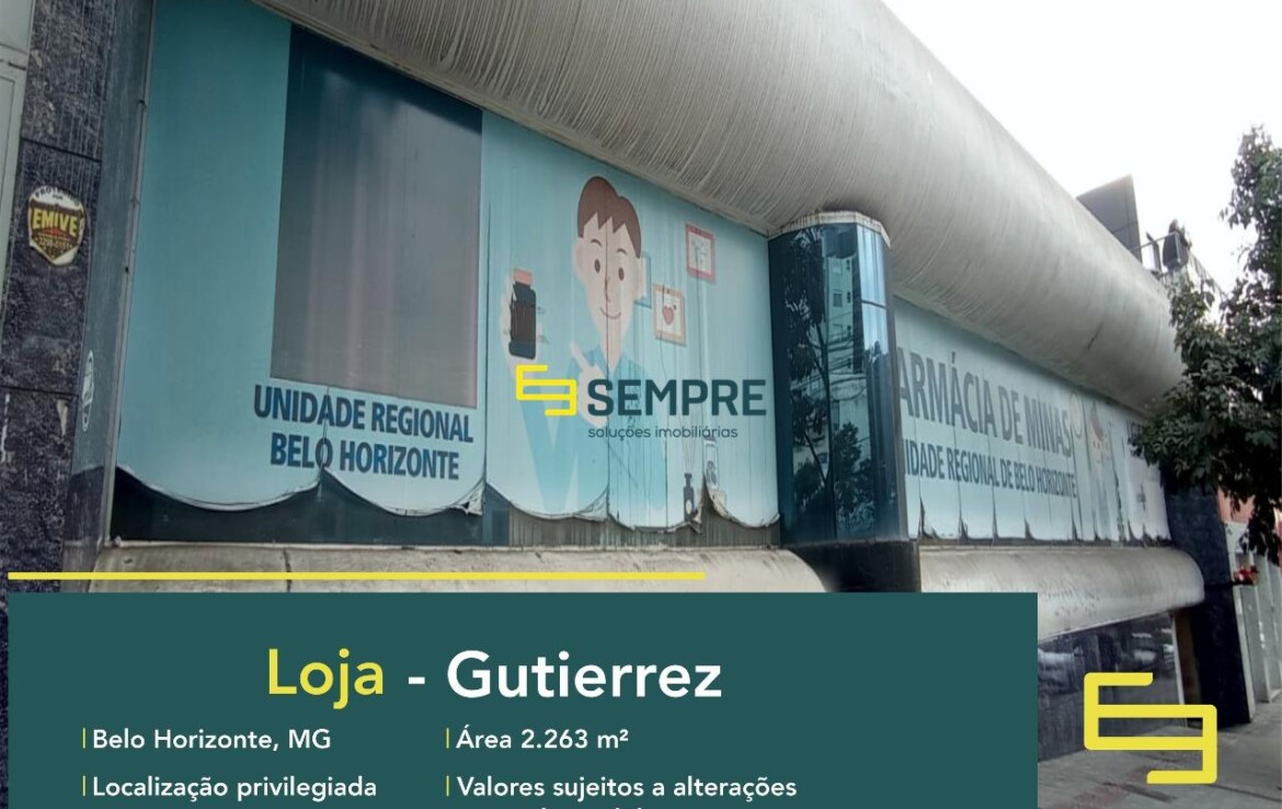 Locação de loja no Gutierrez com excelente localização. O estabelecimento comercial para alugar, conta sobretudo, com área de 296 m².