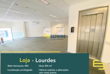 Loja para alugar no Lourdes em BH para alugar com excelente localização. O estabelecimento comercial para alugar conta com área de 296 m².