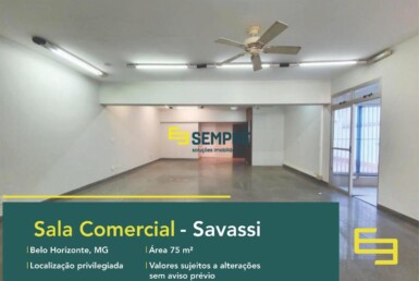 Sala comercial para alugar em BH no bairro Savassi, em excelente localização. O estabelecimento comercial conta, sobretudo, com área de 75 m²