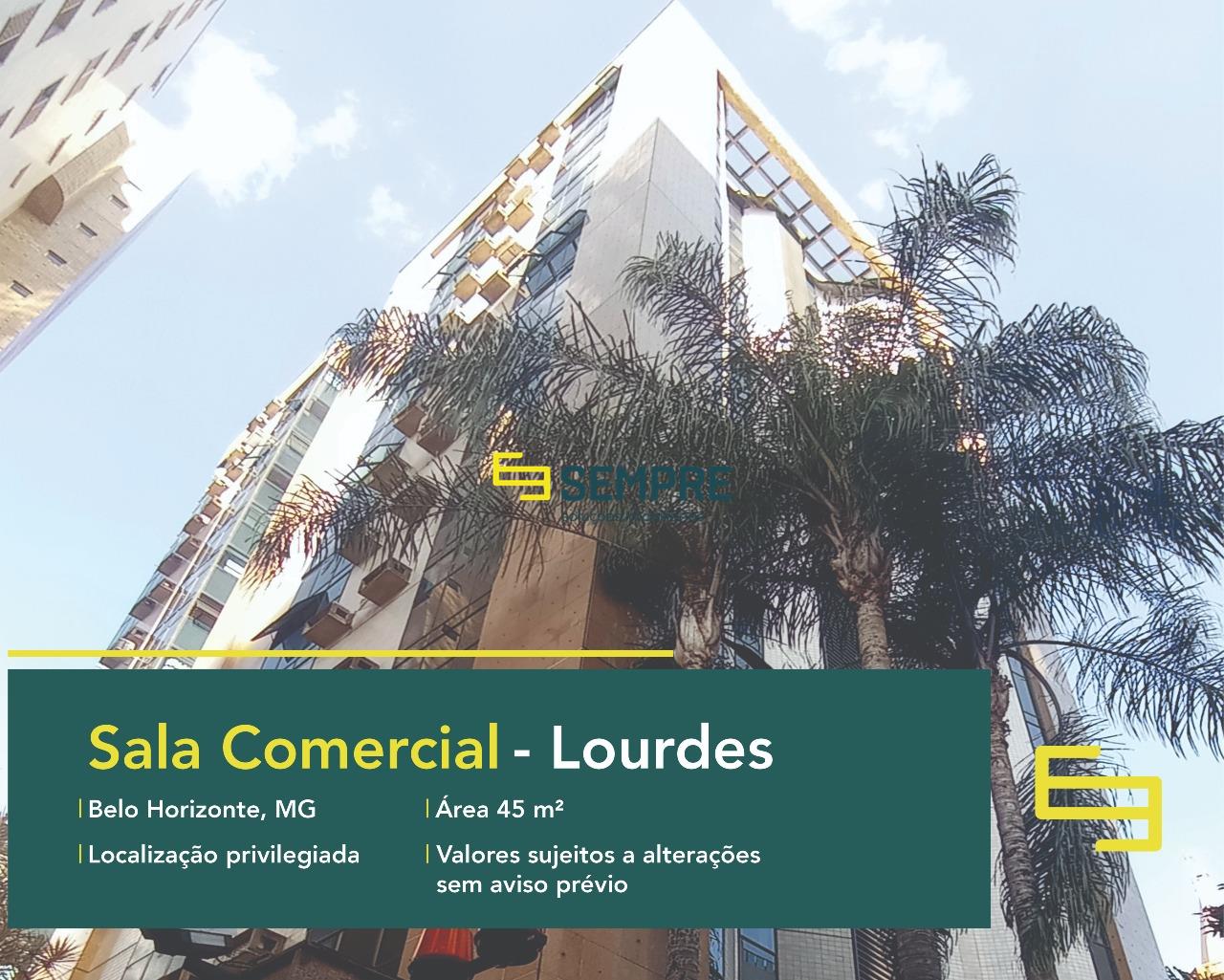 Sala comercial para alugar no Lourdes em Belo Horizonte, excelente localização. O estabelecimento comercial conta com área de 45 m².