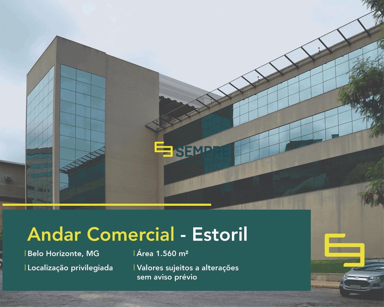 Andar corrido no Estoril para alugar em Belo Horizonte, excelente localização. O estabelecimento comercial conta com área de 1.560 m².