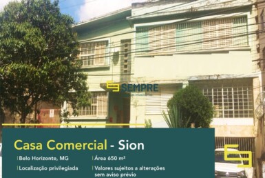 Casa comercial no bairro Sion para alugar em Belo Horizonte, excelente localização. O estabelecimento comercial conta com área de 650 m².