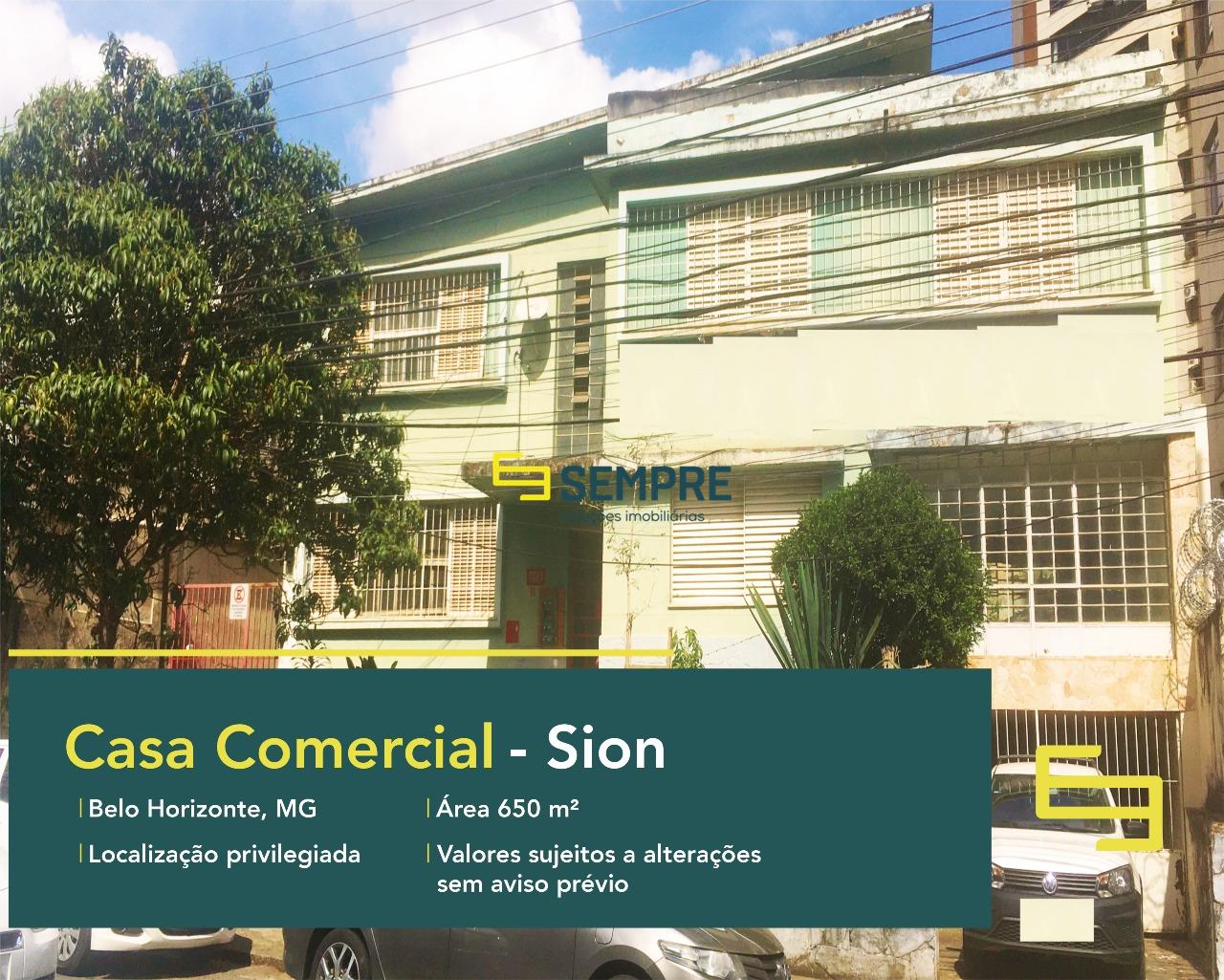 Casa comercial no bairro Sion para alugar em Belo Horizonte, excelente localização. O estabelecimento comercial conta com área de 650 m².