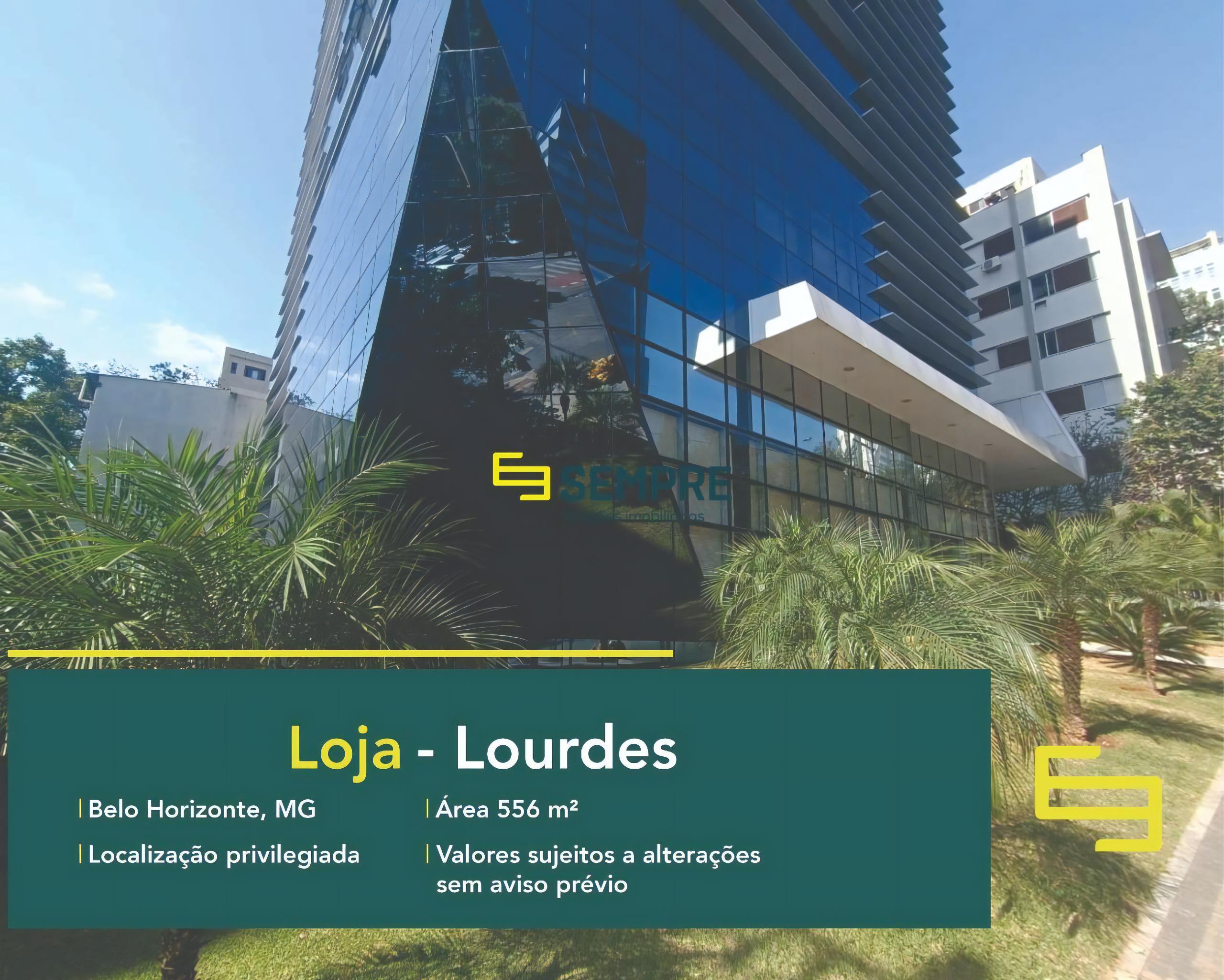 Loja no bairro Lourdes para locação em Belo Horizonte, excelente localização. O estabelecimento comercial conta com área de 556 m².