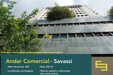 Andar comercial em BH para alugar no bairro Savassi, em excelente localização. O estabelecimento comercial conta com área de 230 m².