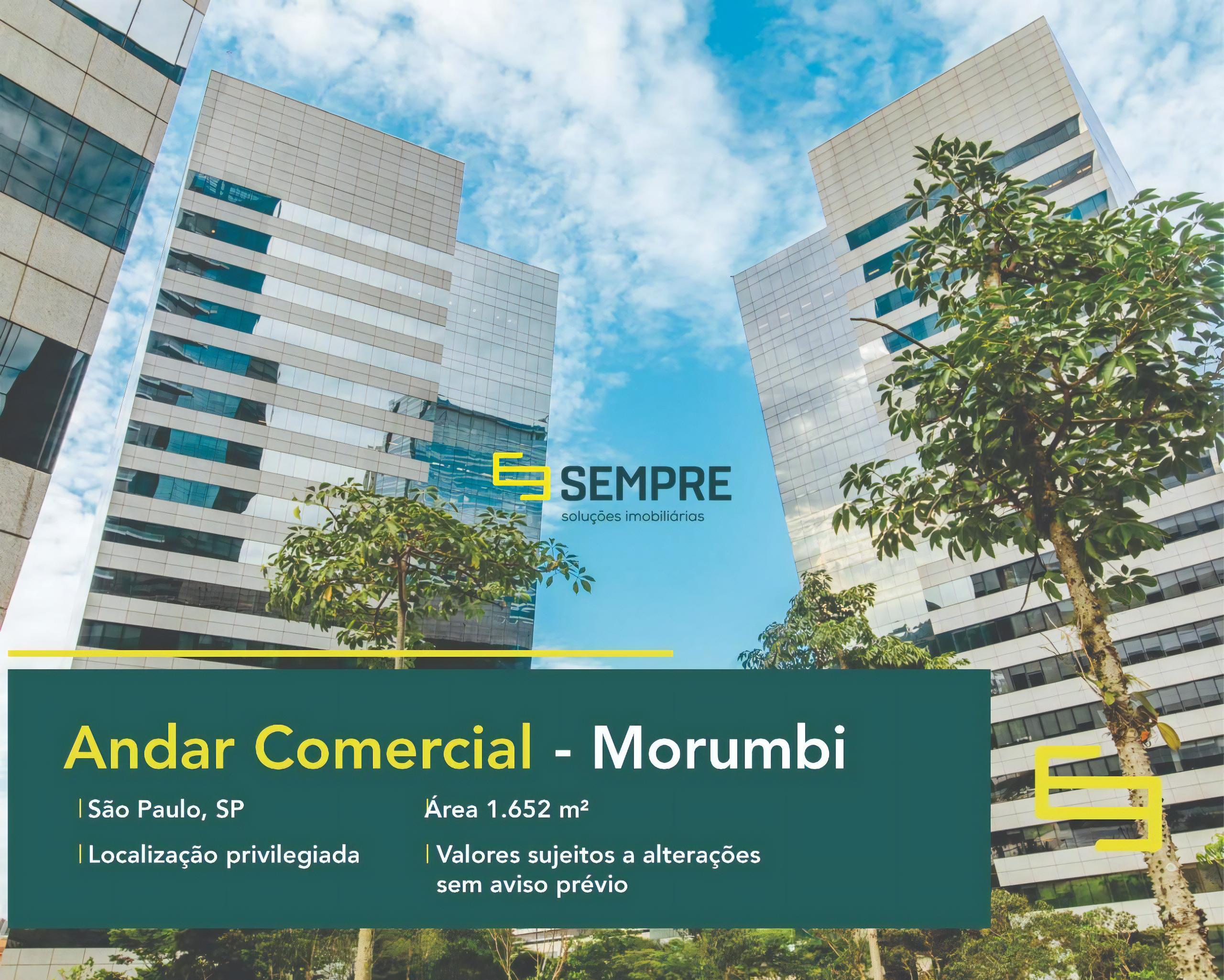 Laje corporativa no Morumbi para alugar em São Paulo, excelente localização. O estabelecimento comercial conta com área de 1.652 m².