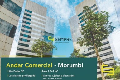 Andar corporativo para alugar no Morumbi em São Paulo, excelente localização. O estabelecimento comercial conta com área de 1.741 m².