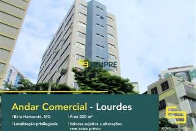 Andar corrido no bairro Lourdes para alugar em BH, excelente localização. O estabelecimento comercial conta, sobretudo, com área de 220 m².