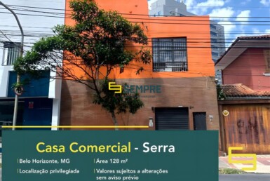 Casa comercial para alugar na Serra em Belo Horizonte, excelente localização. O estabelecimento comercial conta com área de 128 m².