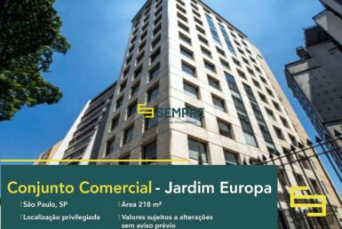 Laje corporativa no Jardim Europa para locação em São Paulo, excelente localização. O estabelecimento comercial conta com área de 218 m².