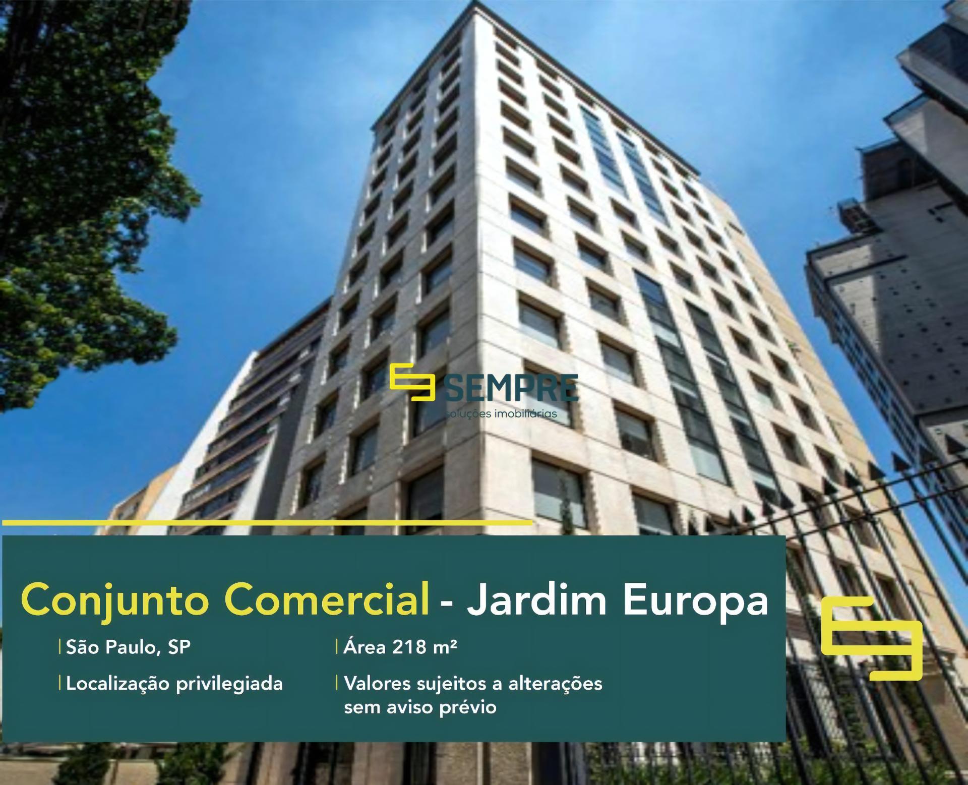 Laje corporativa no Jardim Europa para locação em São Paulo, excelente localização. O estabelecimento comercial conta com área de 218 m².
