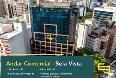 Laje corporativa para locação no bairro Bela Vista, excelente localização. O estabelecimento comercial conta com área de 681,31 m².