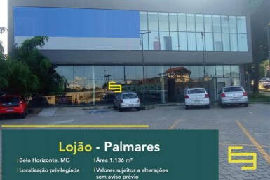 Lojão para alugar no bairro Palmares em Belo Horizonte, excelente localização. O estabelecimento comercial conta com área de 1.136,80 m².