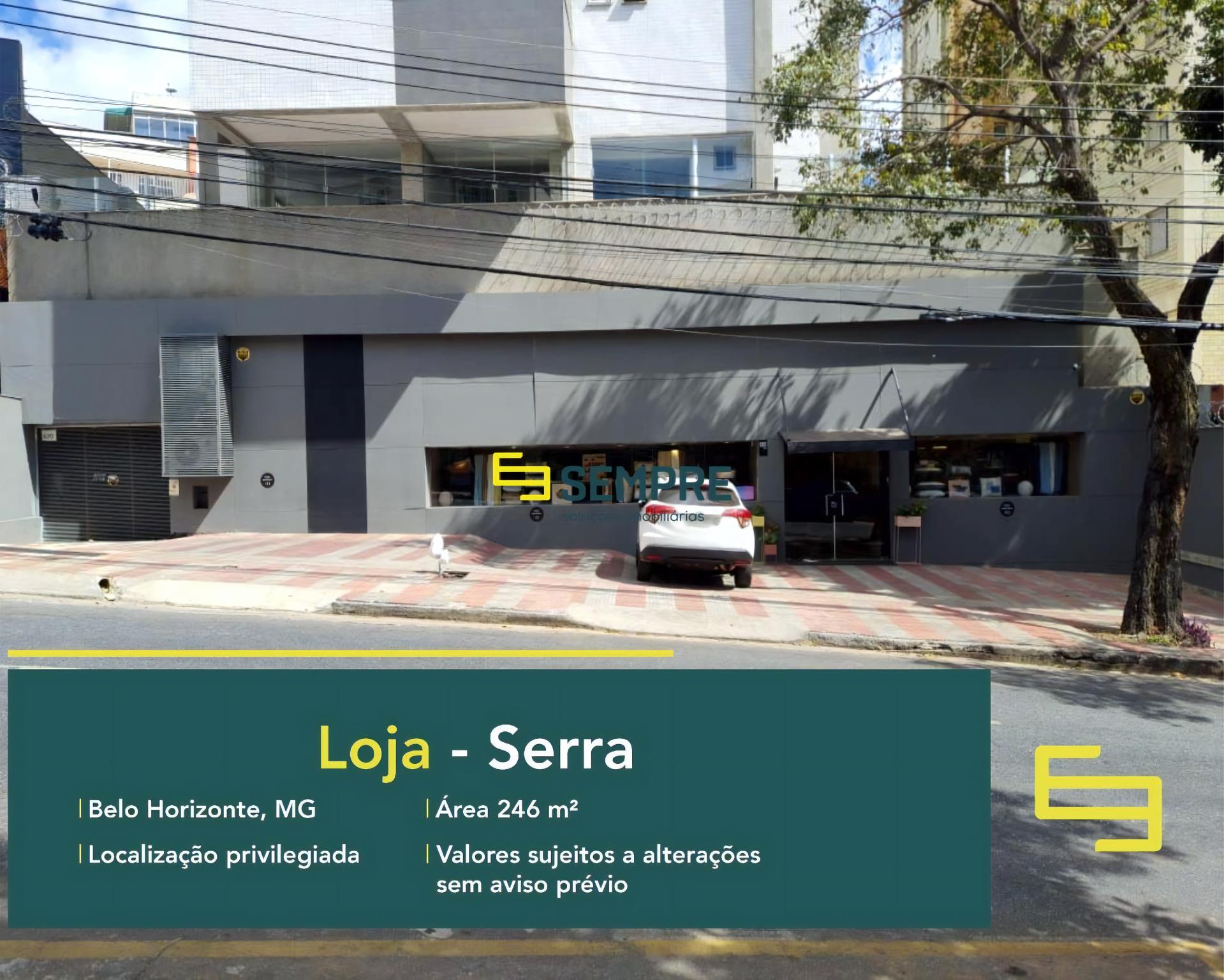 Loja para alugar no bairro Serra em Belo Horizonte, excelente ponto comercial. O estabelecimento comercial conta com área de 246 m².