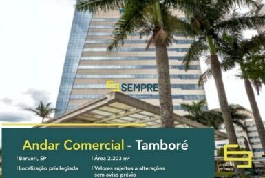 Laje corporativa no bairro Tamboré para locação em São Paulo, excelente localização. O estabelecimento comercial conta com área de 2.203 m².