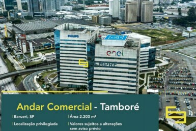 Laje corporativa no Tamboré para locação em São Paulo, excelente localização. O estabelecimento comercial conta com área de 2.203 m².