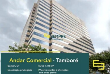 Andar corporativo em Barueri para alugar em São Paulo, excelente localização. O estabelecimento comercial conta com área de 1.118,58 m².
