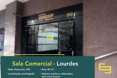 Aluguel de sala comercial no Lourdes em Belo Horizonte, em excelente localização. O estabelecimento comercial conta com área de 50 m².