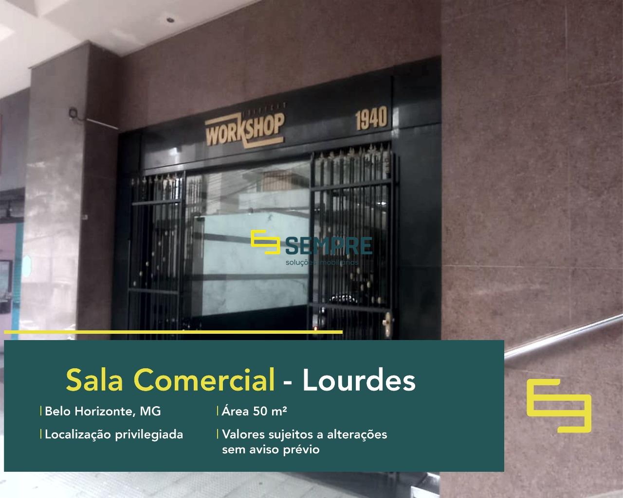 Aluguel de sala comercial no Lourdes em Belo Horizonte, em excelente localização. O estabelecimento comercial conta com área de 50 m².