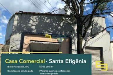 Aluguel de casa comercial no bairro Santa Efigênia em BH, excelente localização. O estabelecimento comercial conta com área de 200 m².