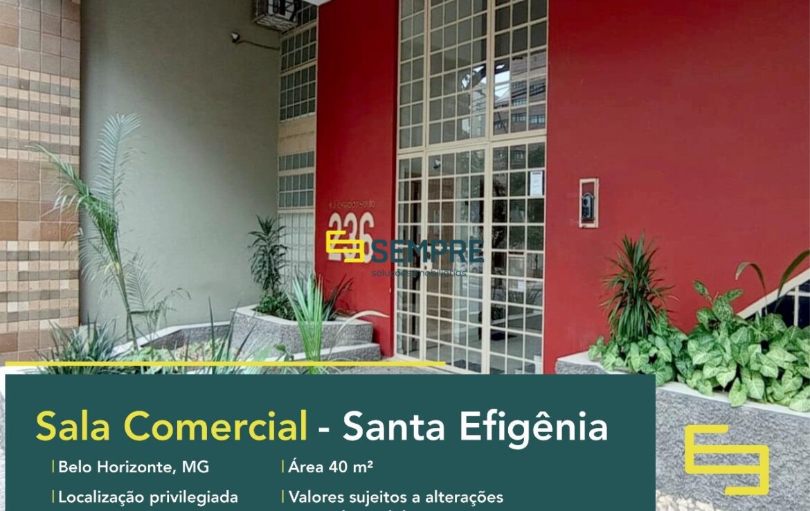 Aluguel de sala comercial no Santa Efigênia em Belo Horizonte, excelente localização. O estabelecimento comercial conta com área de 40 m².