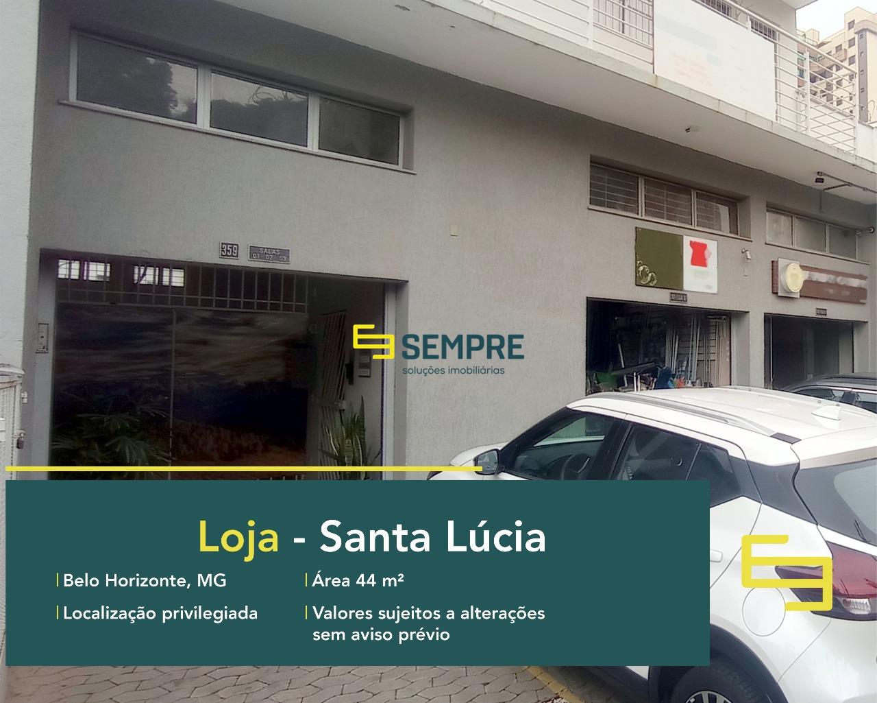 Loja para locação no Santa Lúcia em Belo Horizonte, em excelente localização. O estabelecimento comercial conta com área de 44 m².