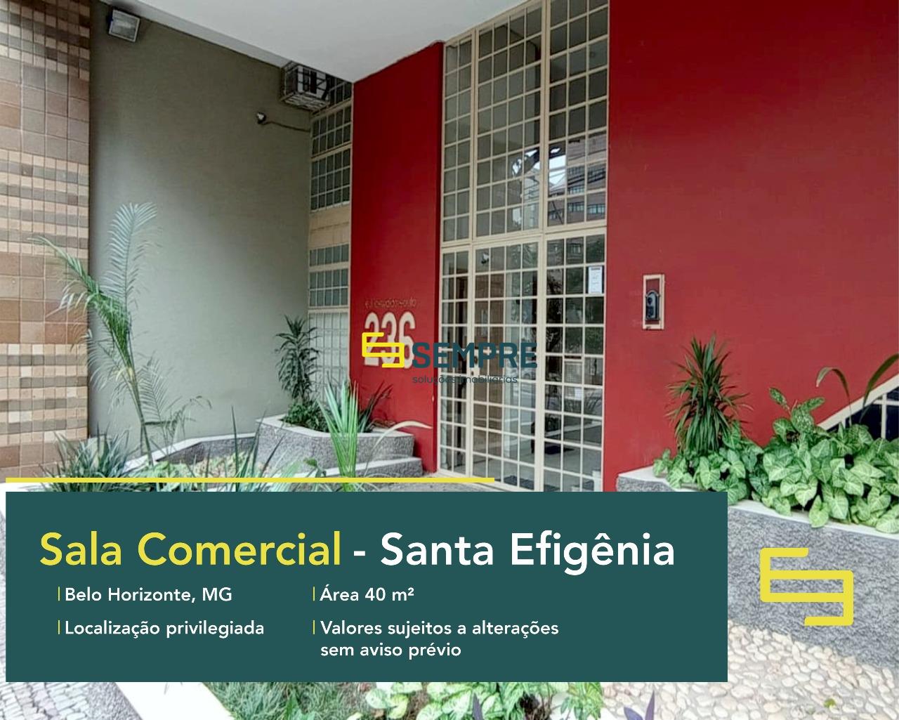 Aluguel de sala comercial no Santa Efigênia em Belo Horizonte, excelente localização. O estabelecimento comercial conta com área de 40 m².