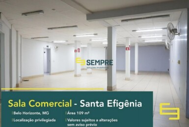Venda de sala comercial em BH - Santa Efigênia, em excelente localização. O estabelecimento comercial conta, sobretudo, com área de 109 m².
