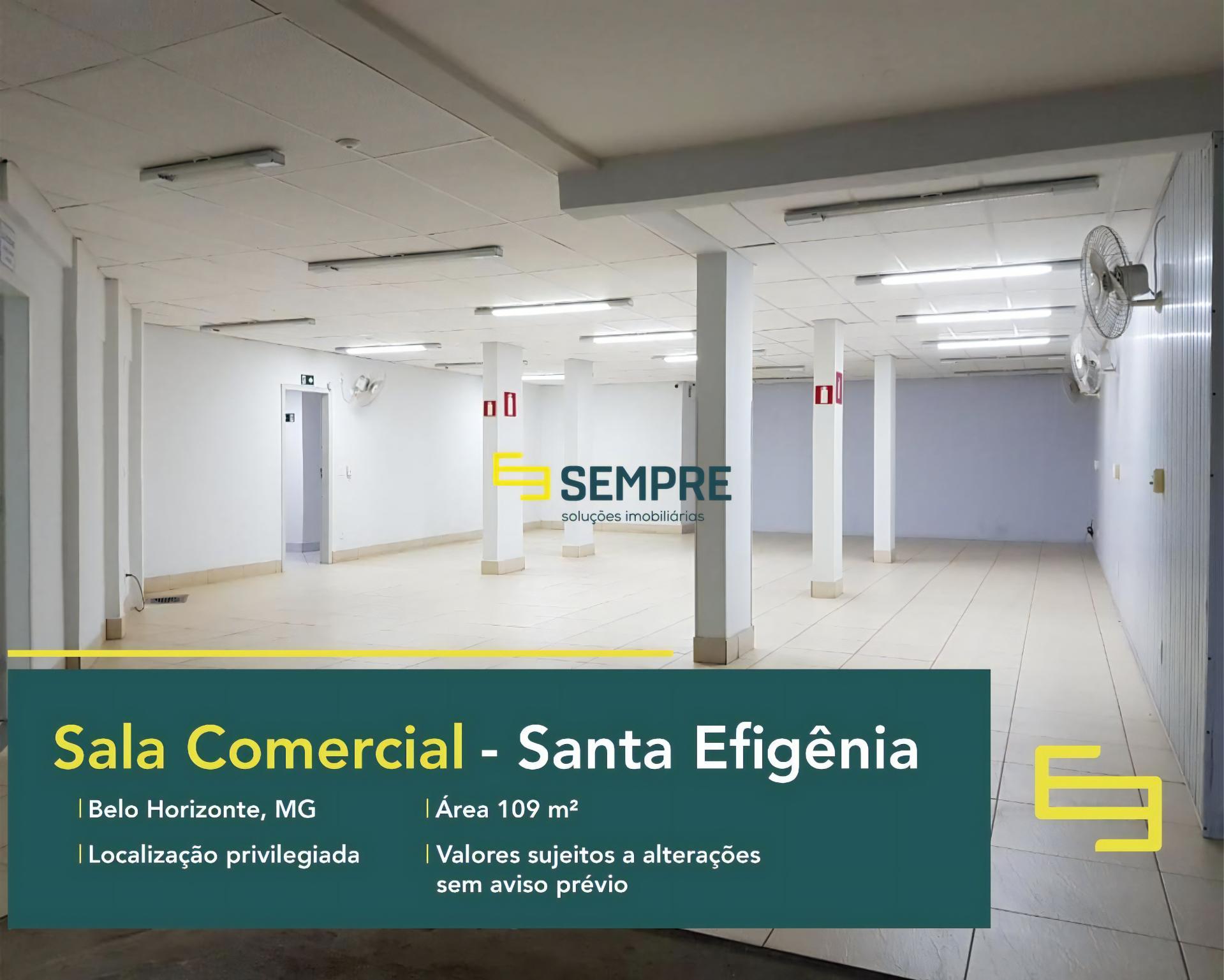 Venda de sala comercial em BH - Santa Efigênia, em excelente localização. O estabelecimento comercial conta, sobretudo, com área de 109 m².