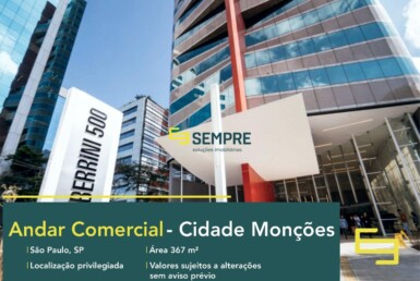 Laje corporativa em Cidade Monções para locação - São Paulo, excelente localização. O estabelecimento comercial conta com área de 367 m².