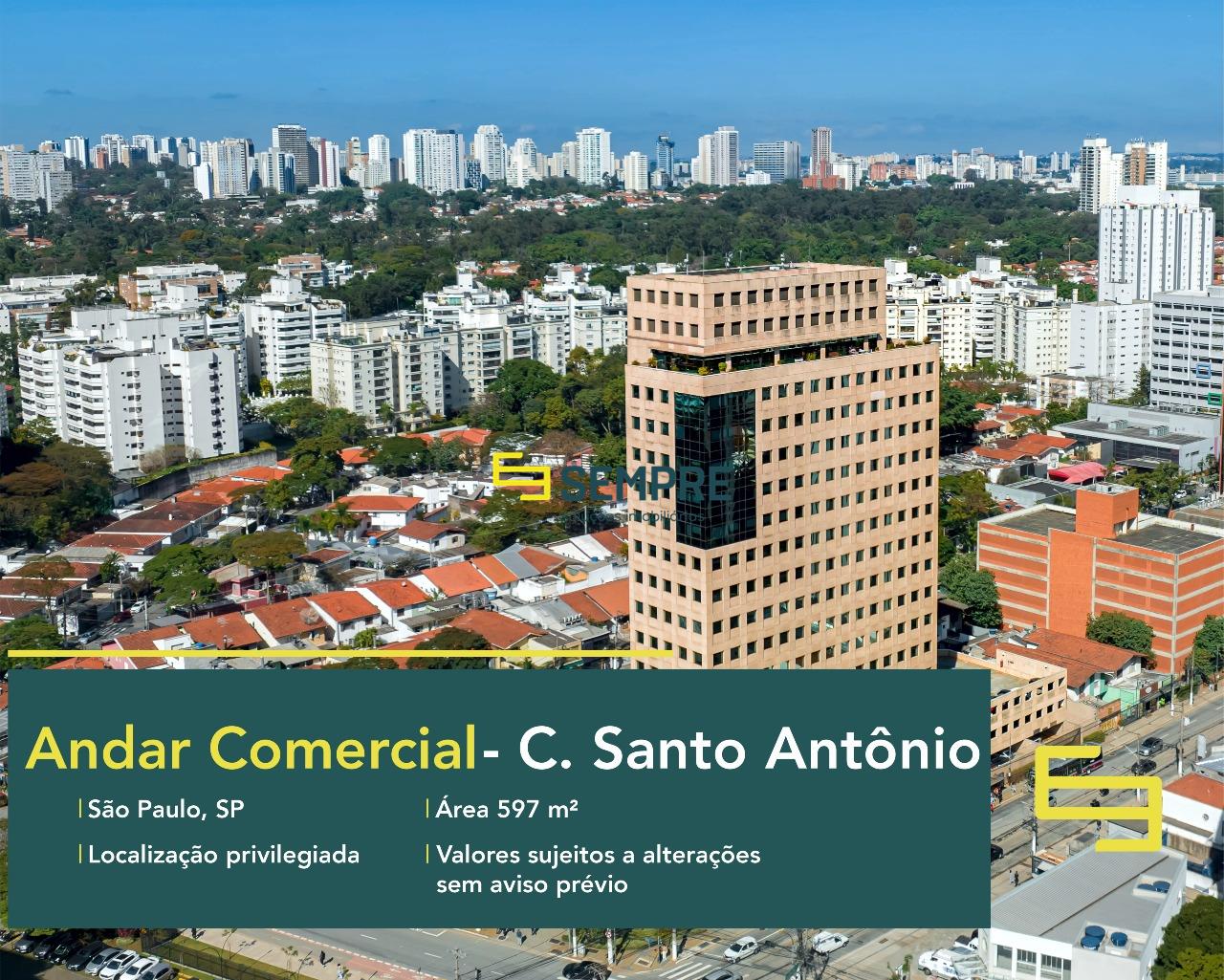 Laje corporativa no Chácara Santo Antônio para locação - SP, excelente localização. O estabelecimento comercial conta com área de 597 m².