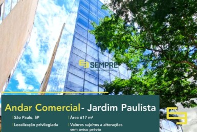 Laje corporativa para locação no Jardim Paulista, excelente localização. O estabelecimento comercial conta com área de 617 m².