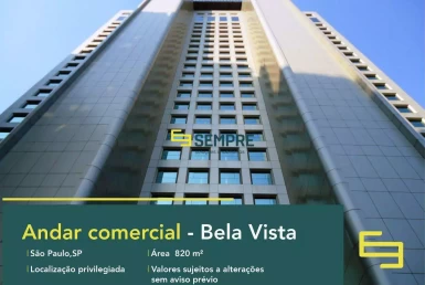 Laje corporativa no Bela Vista para alugar em São Paulo, excelente localização. O estabelecimento comercial conta com área de 820,87 m².