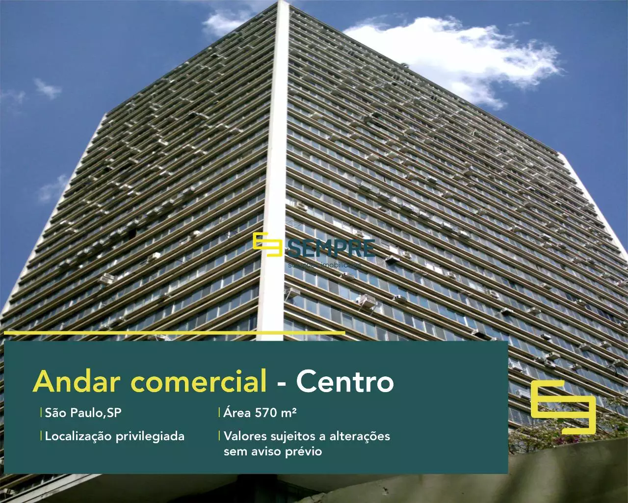 Andar comercial no Edifício Conde Prates para locação em SP, excelente localização. O estabelecimento comercial conta com área de 570 m².