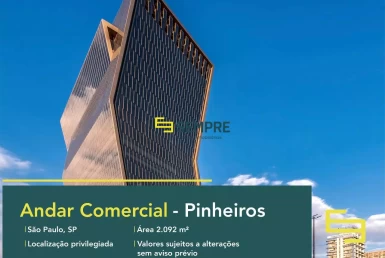 Laje corporativa para alugar no Pinheiros em São Paulo, excelente localização. O ponto comercial conta com área de 2.092 m².
