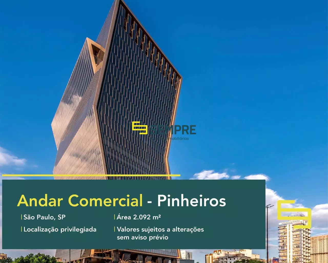Laje corporativa para alugar no Pinheiros em São Paulo, excelente localização. O ponto comercial conta com área de 2.092 m².
