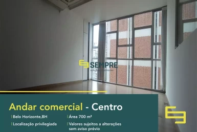 Laje corporativa no Ed Vicente de Áraujo para alugar em BH. O estabelecimento comercial conta, sobretudo, com área de 700 m².