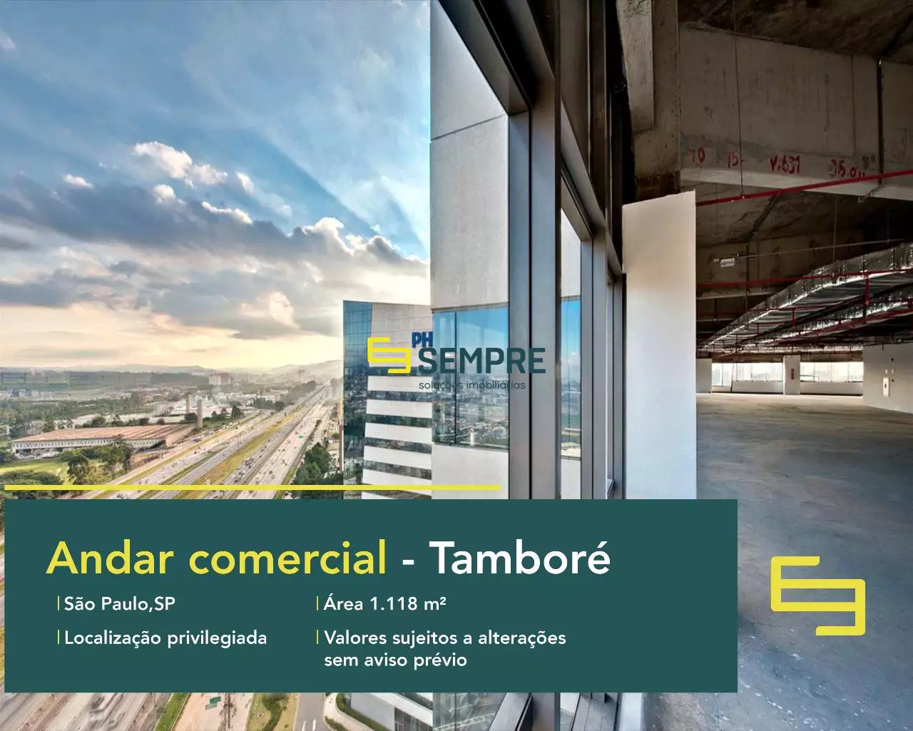 Laje corporativa em Tamboré para locação em São Paulo, excelente localização. O estabelecimento comercial conta com área de 1.118 m².