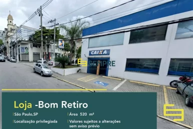 Loja para locação no Bom Retiro em São Paulo, excelente localização. O estabelecimento comercial conta, sobretudo, com área de 520,5 m².