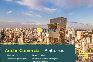 Laje corporativa no Pinheiros para locação em São Paulo, excelente localização. O estabelecimento comercial conta com área de 2.168 m².