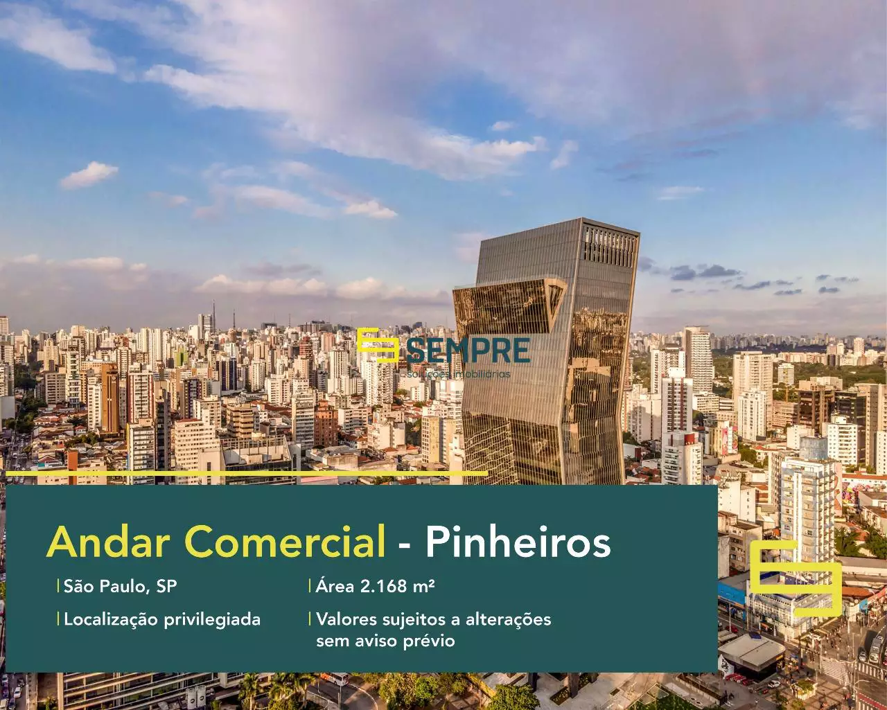 Laje corporativa no Pinheiros para locação em São Paulo, excelente localização. O estabelecimento comercial conta com área de 2.168 m².
