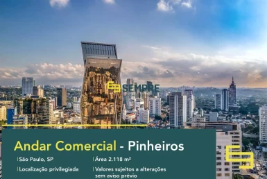 Andar corporativo para alugar no Pinheiros em São Paulo, excelente localização. O estabelecimento comercial conta com área de 2.118 m².
