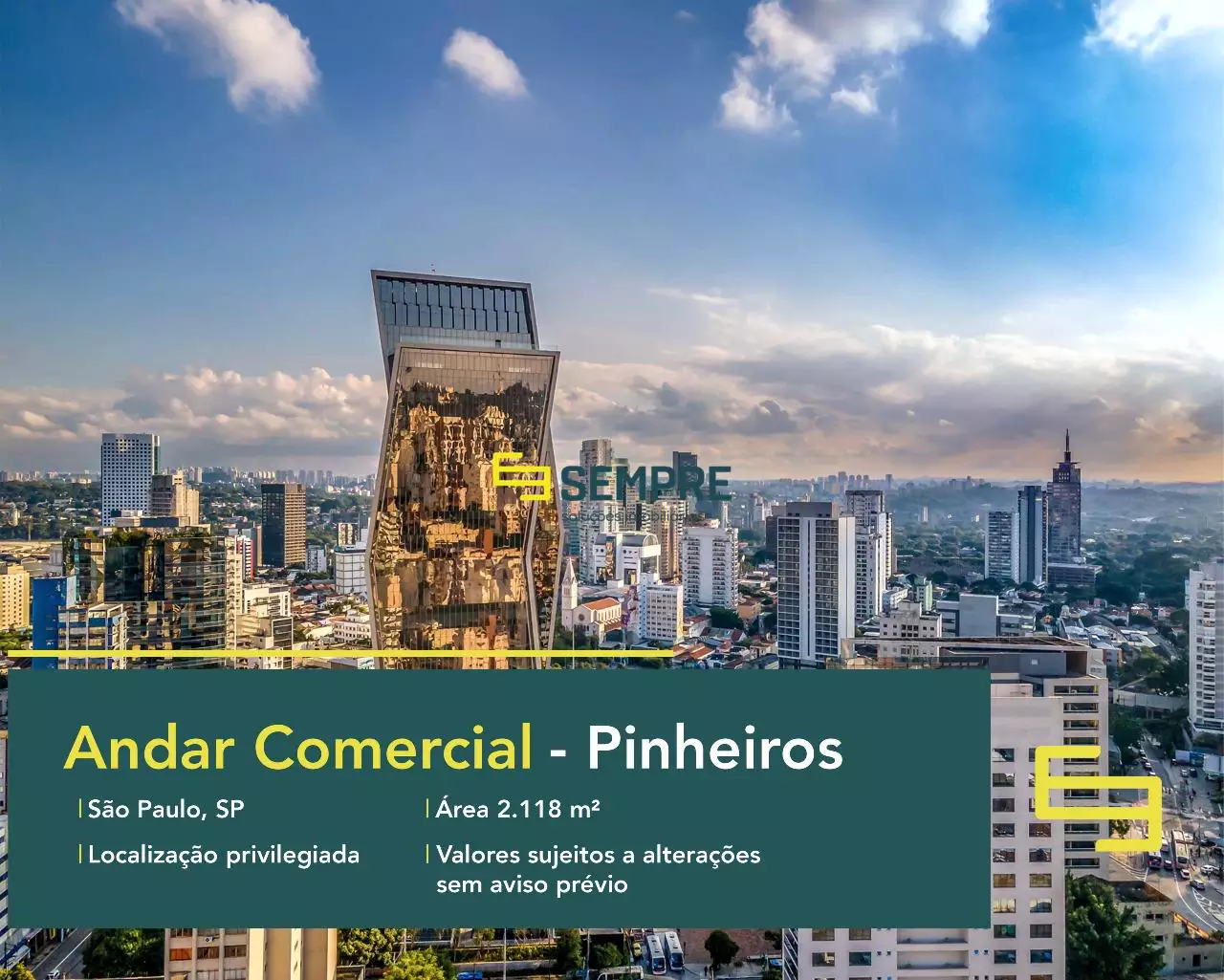 Andar corporativo para alugar no Pinheiros em São Paulo, excelente localização. O estabelecimento comercial conta com área de 2.118 m².