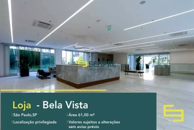 Loja no Bela Vista para locação em São Paulo - Martiniano Center, excelente localização. O estabelecimento comercial conta com área de 61 m².