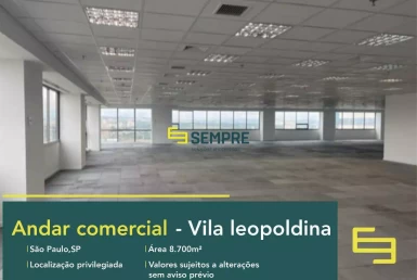 Andar corrido na Vila Leopoldina para locação em São Paulo, excelente localização. O estabelecimento comercial conta com área de 8.700 m².