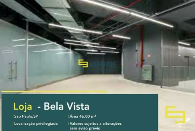 Loja para locação no bairro Bela Vista em São Paulo, excelente localização. O estabelecimento comercial conta com área de 46,02 m².